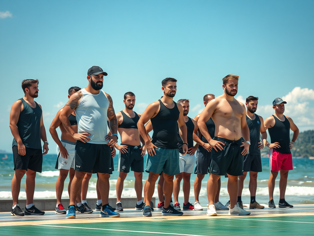 Группа мужчин в спортивной одежде стоит на пляже под солнечным небом, готовясь к тренировке.