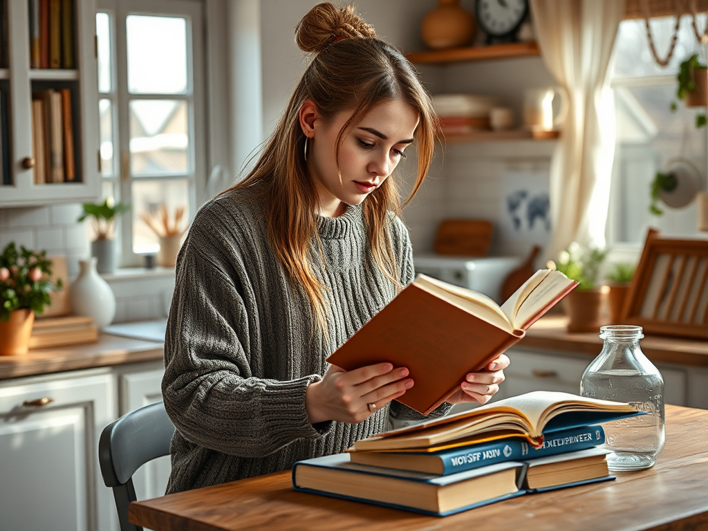 Девушка в уютной кухне читает книгу, окружённая растениями и книгами на столе. Солнечный свет.