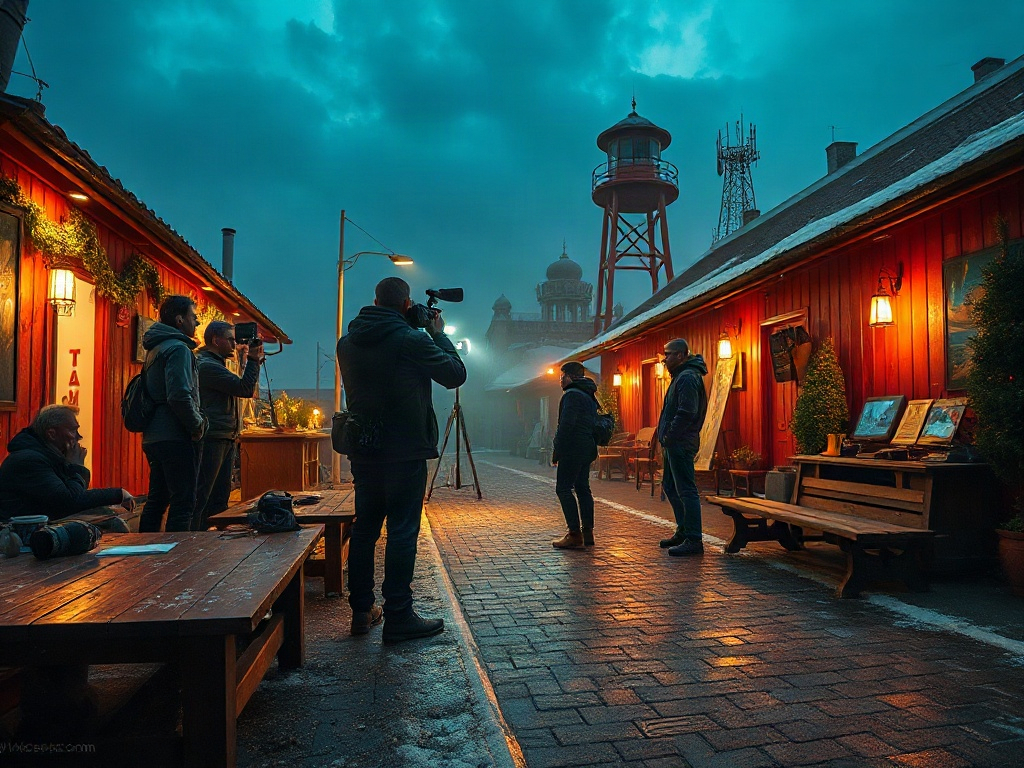 На улице photographers с фотоаппаратами, окруженные ярко освещенными деревянными домами в вечернем свете.
