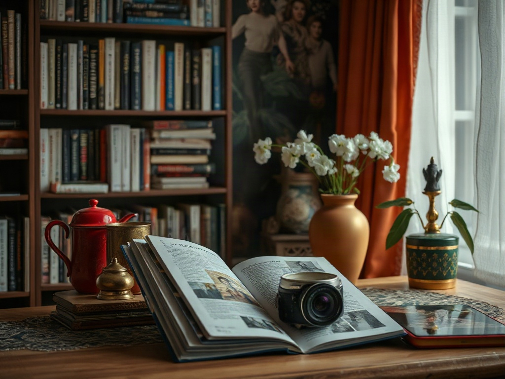На столе открытая книга, камера, чайник и вазочка с цветами, книгами на полке за ними. Теплая атмосфера.